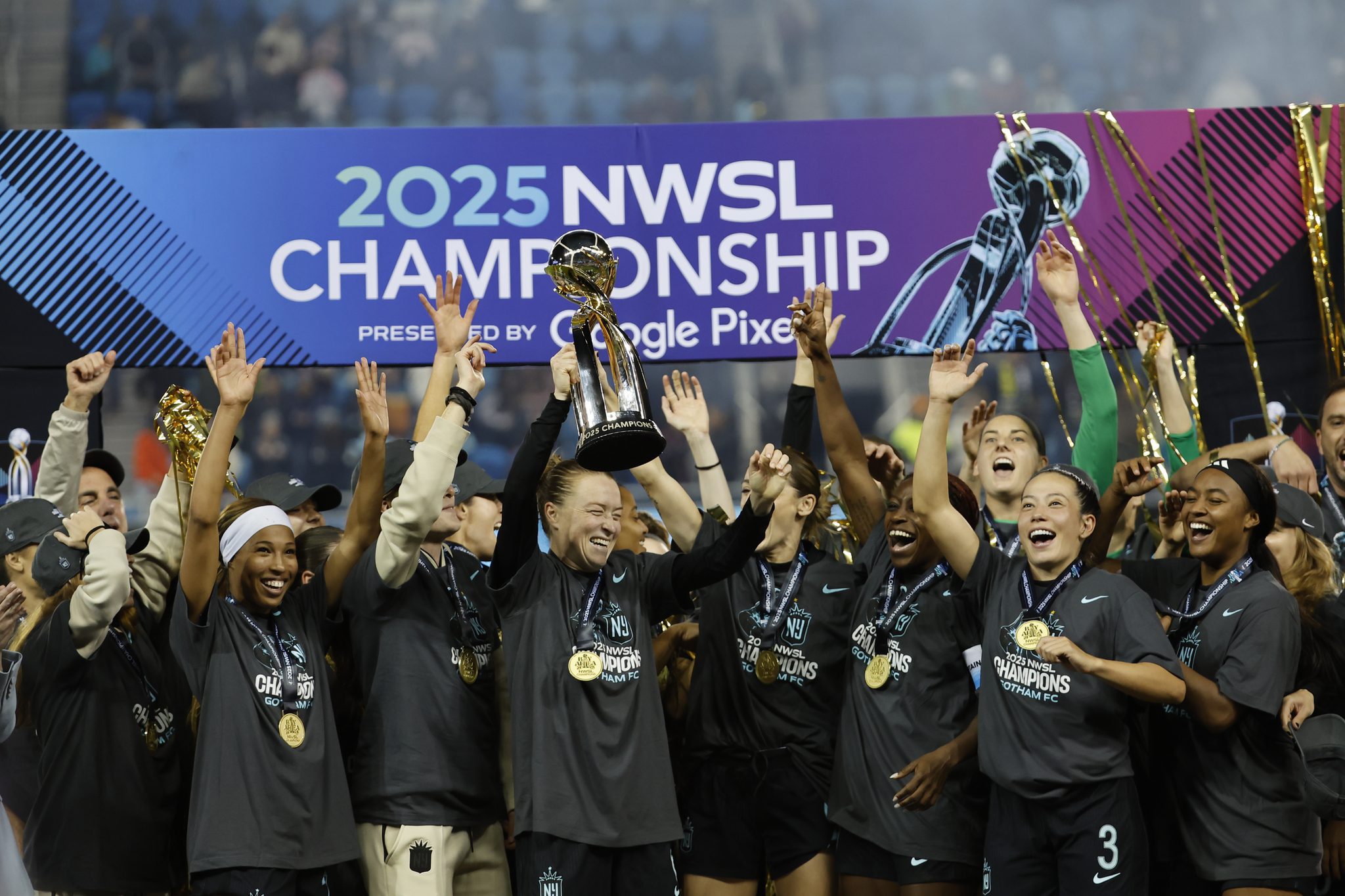 Gotham FC celebrate winning the 2025 NWSL Championship.
