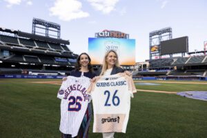 Gotham FC club governor Carolyn Tisch Blodgett (left) and New York Mets EVP of Ballpark Operations Katie Haas pose at Citi Field ahead of the Queens Classic.
