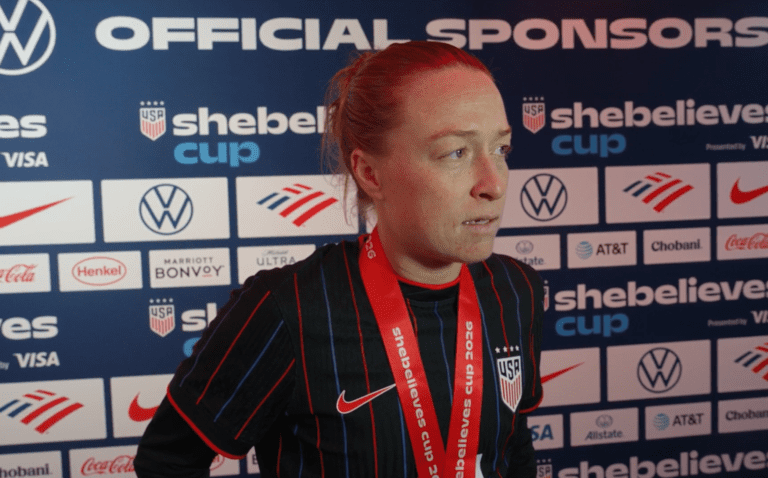 USWNT defender Emily Sonnett speaks to the media. (Photo courtesy of U.S. Soccer/Veritone)
