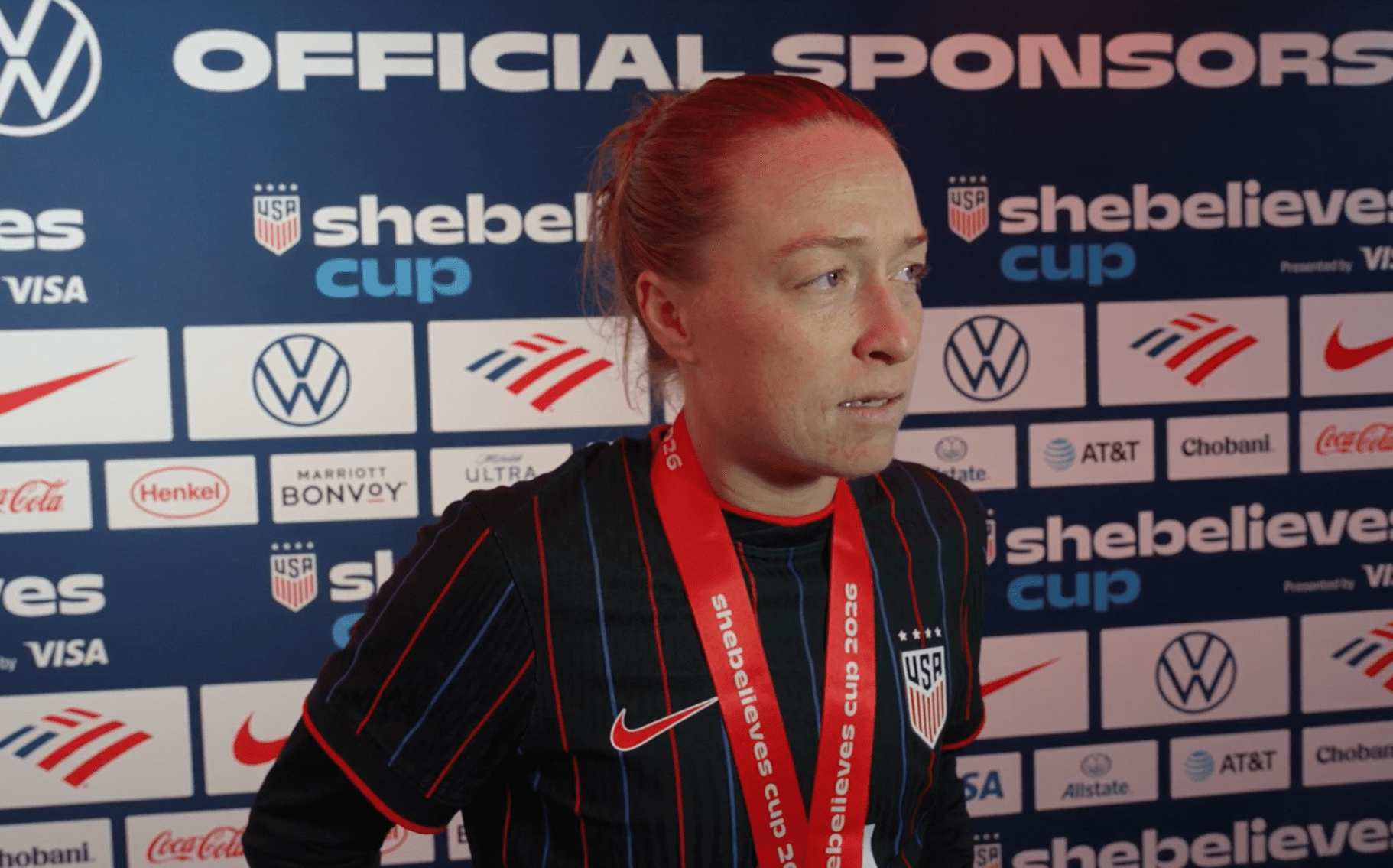USWNT defender Emily Sonnett speaks to the media. (Photo courtesy of U.S. Soccer/Veritone)