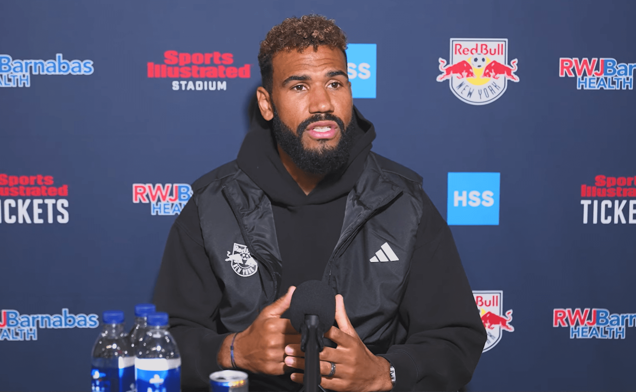 Red Bull New York forward Eric Maxim Choupo-Moting speaks to the press.
