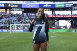 Gotham FC forward Jordynn Dudley poses after her first career NWSL match.