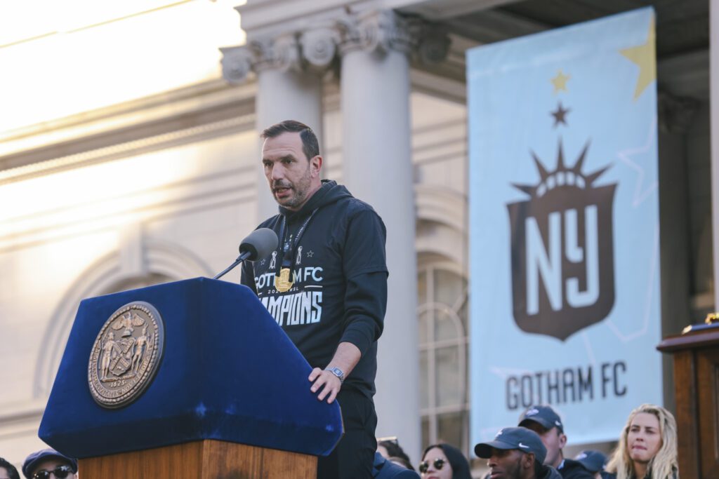 Juan Carlos Amorós speaks at Gotham FC's championship parade. (Photo courtesy of Gotham FC)