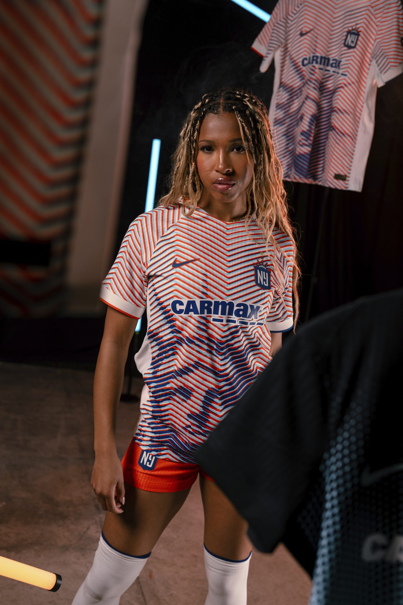 Gotham FC forward Midge Purce poses in the club's "Lady Liberty" third kit.