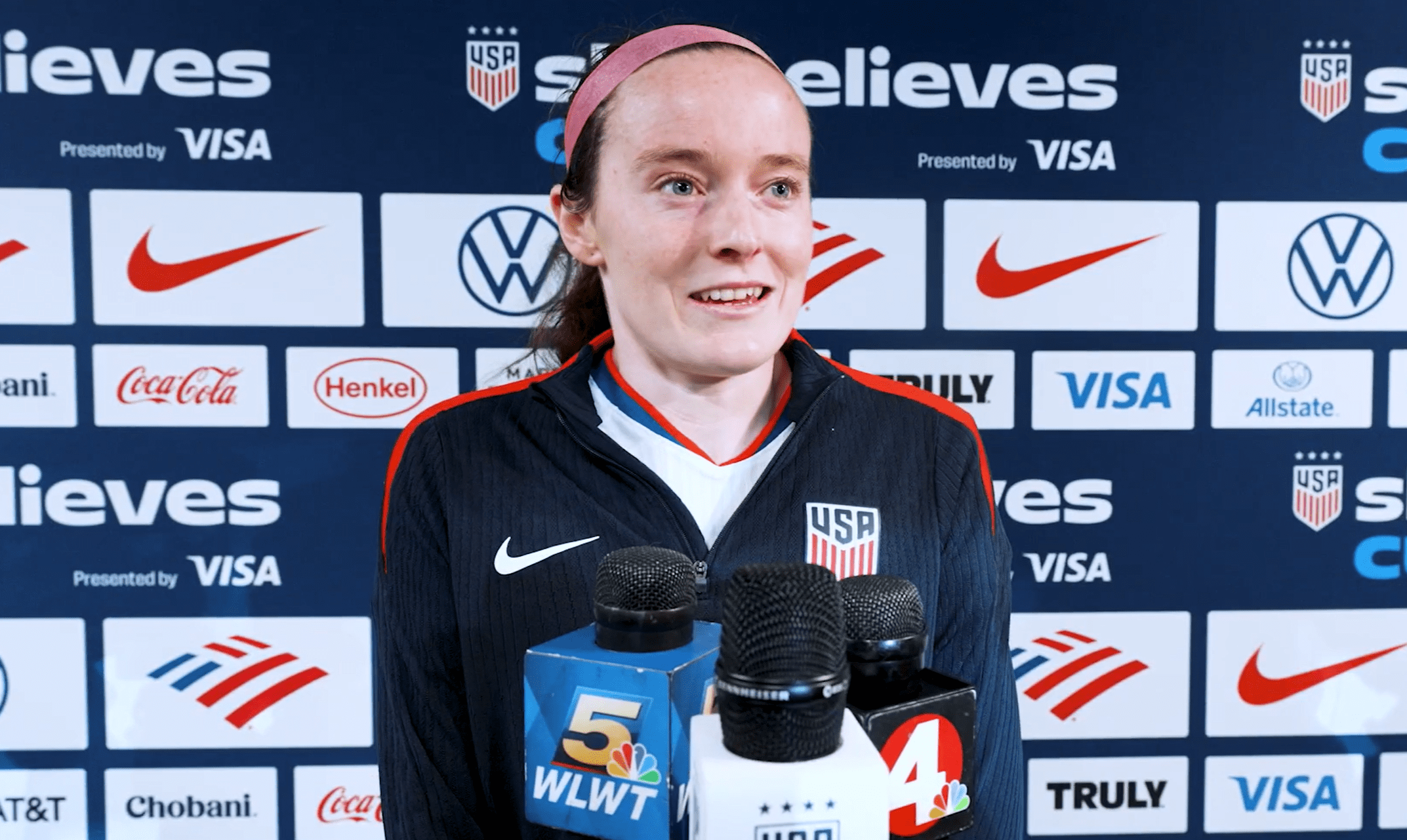 USWNT midfielder Rose Lavelle speaks to the media.