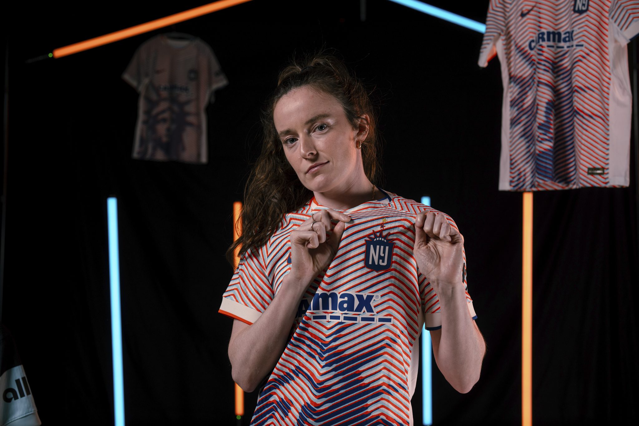 Gotham FC midfielder Rose Lavelle poses in the club's "Lady Liberty" third kit.