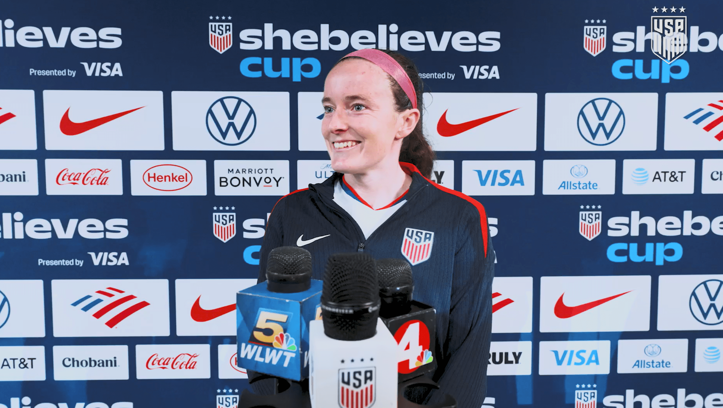 USWNT midfielder Rose Lavelle speaks to the media.