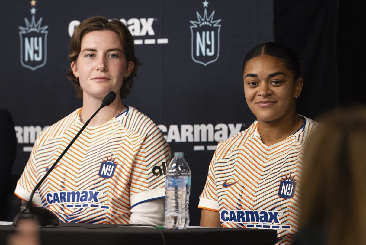 Gotham FC defenders Tierna Davidson and Jess Carter speak during a press conference.