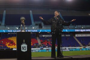 Gotham FC general manager Yael Averbuch West addresses the crowd at Sports Illustrated Stadium.