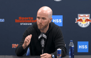 Red Bull New York head coach Michael Bradley addresses the press.