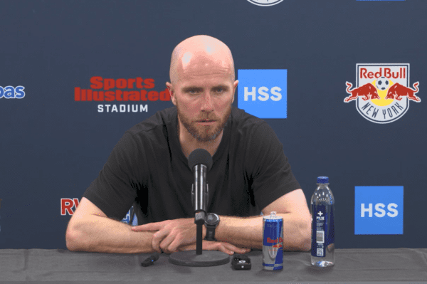 Red Bull New York head coach Michael Bradley addresses the press.