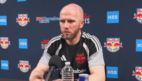 Red Bull New York head coach Michael Bradley addresses the press.