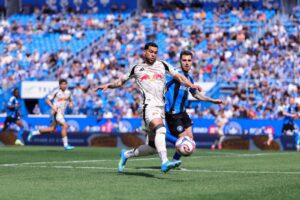 Red Bull New York forward Cade Cowell attempts a shot.