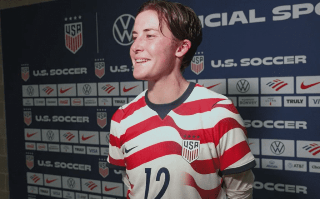 USWNT defender Tierna Davidson speaks to the media.