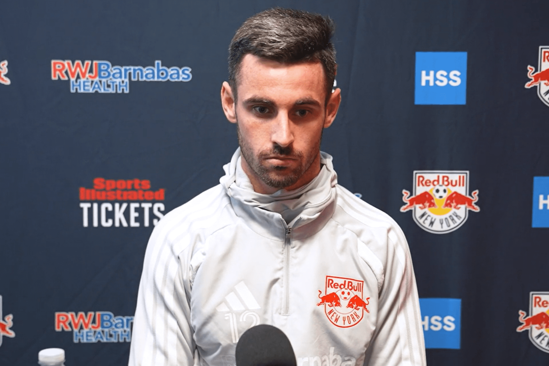 Red Bull New York defender Dylan Nealis
speaks with the press.