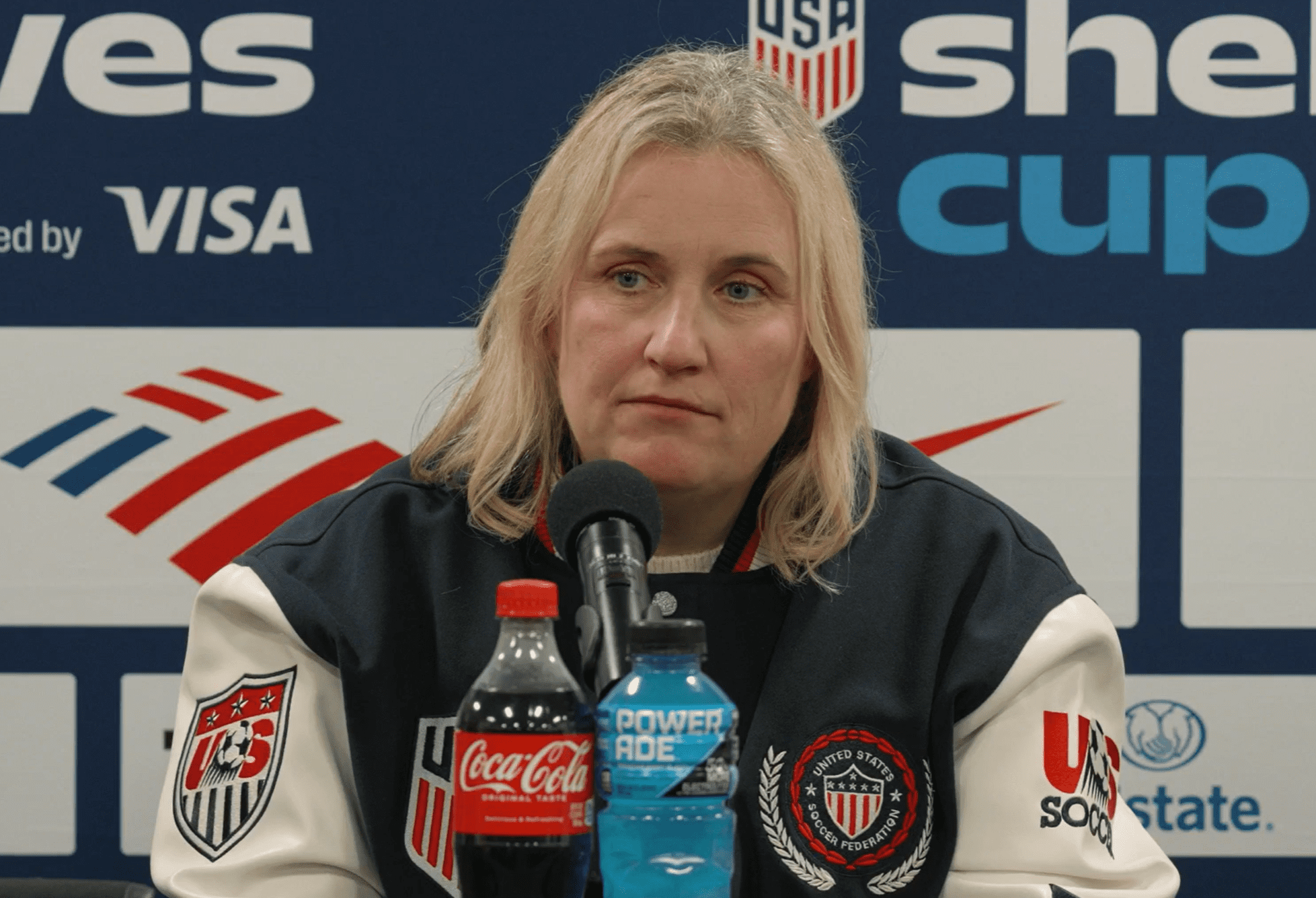 USWNT head coach Emma Hayes speaks to the media.