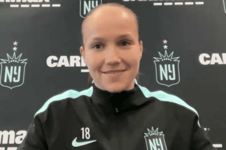 Gotham FC winger Guro Reiten speaks to the media.