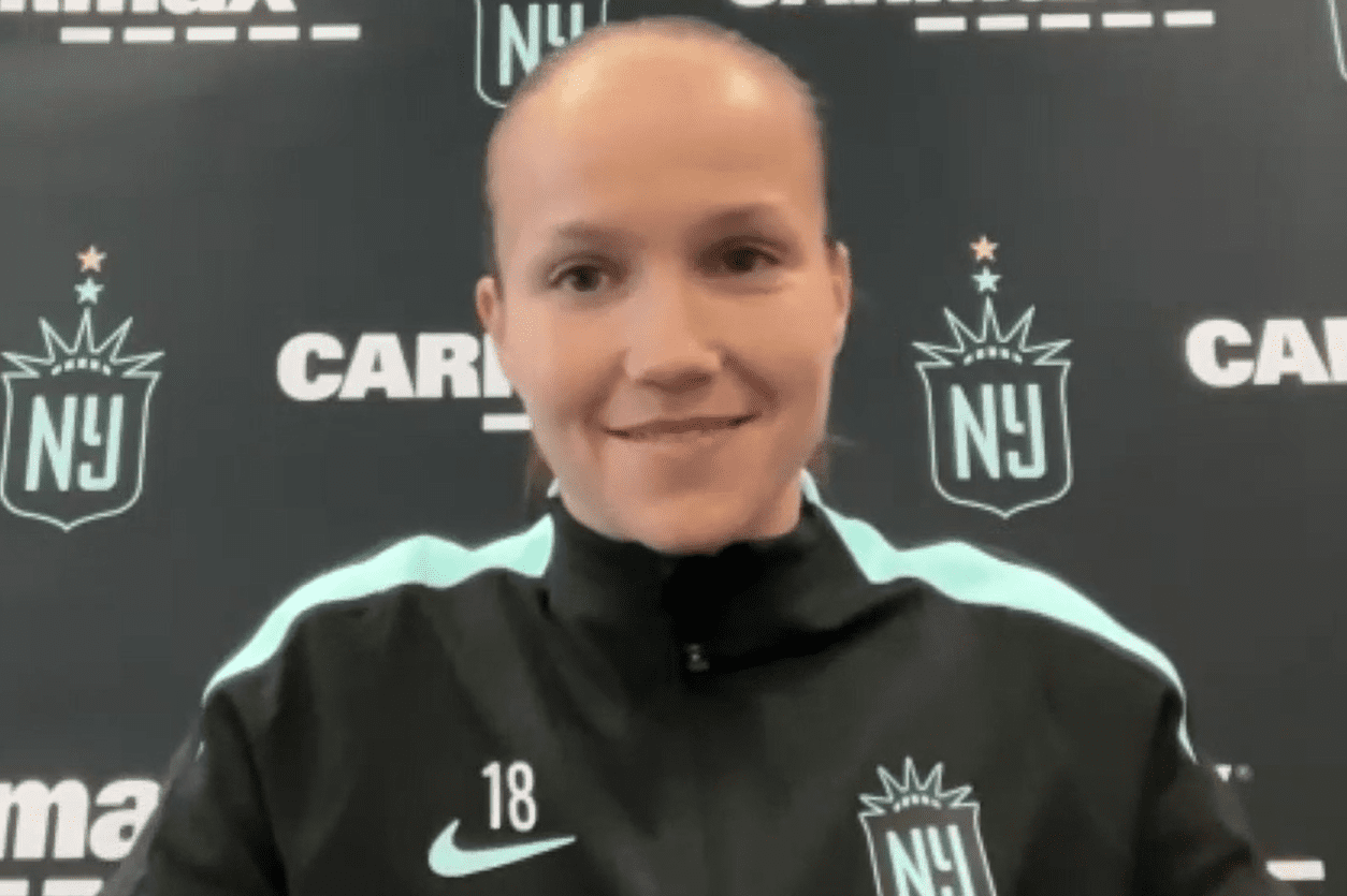 Gotham FC winger Guro Reiten speaks to the media.