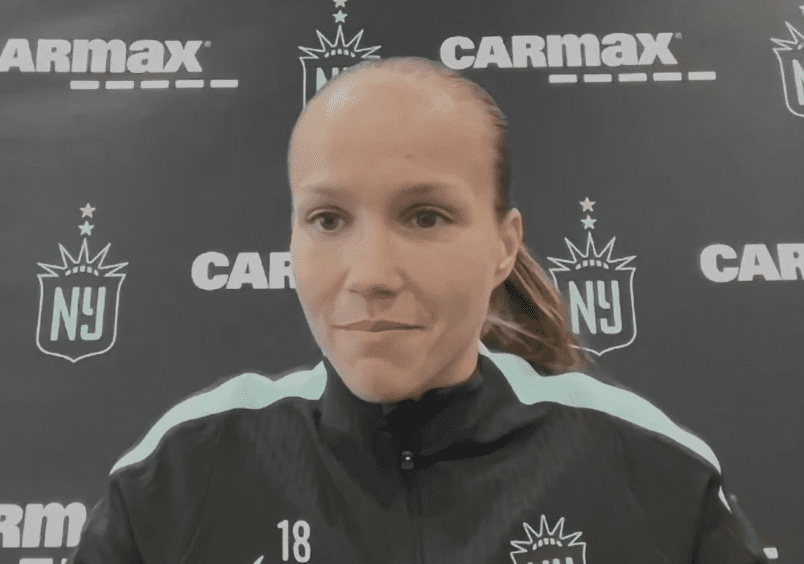 Gotham FC winger Guro Reiten speaks to the media.