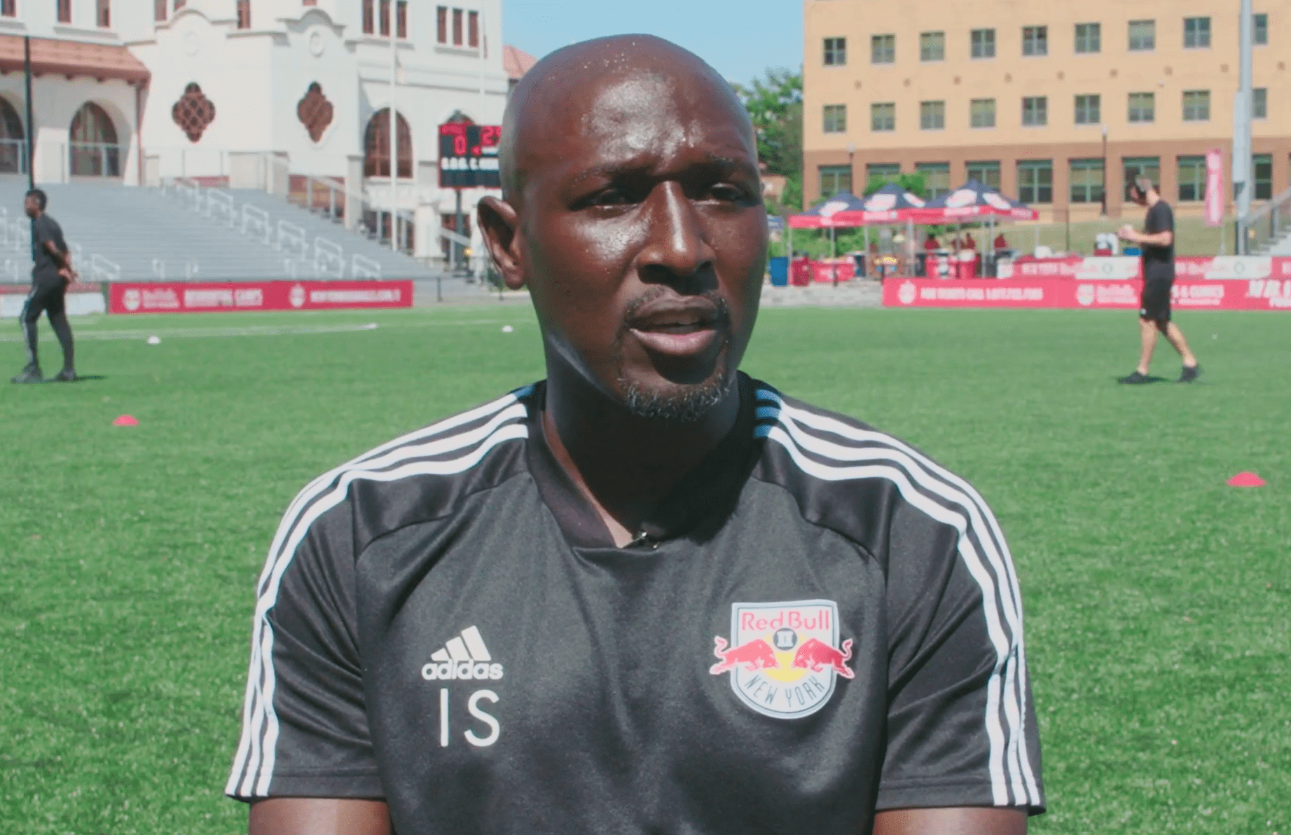 Red Bull New York assistant coach Ibrahim Sekagya speaks to reporters.