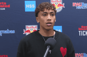 Red Bull New York forward Julian Hall speaks to the press.