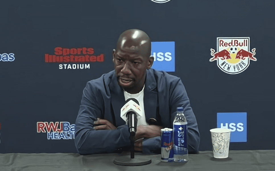 Former Red Bull New York forward Bradley Wright-Phillips speaks at a press conference.