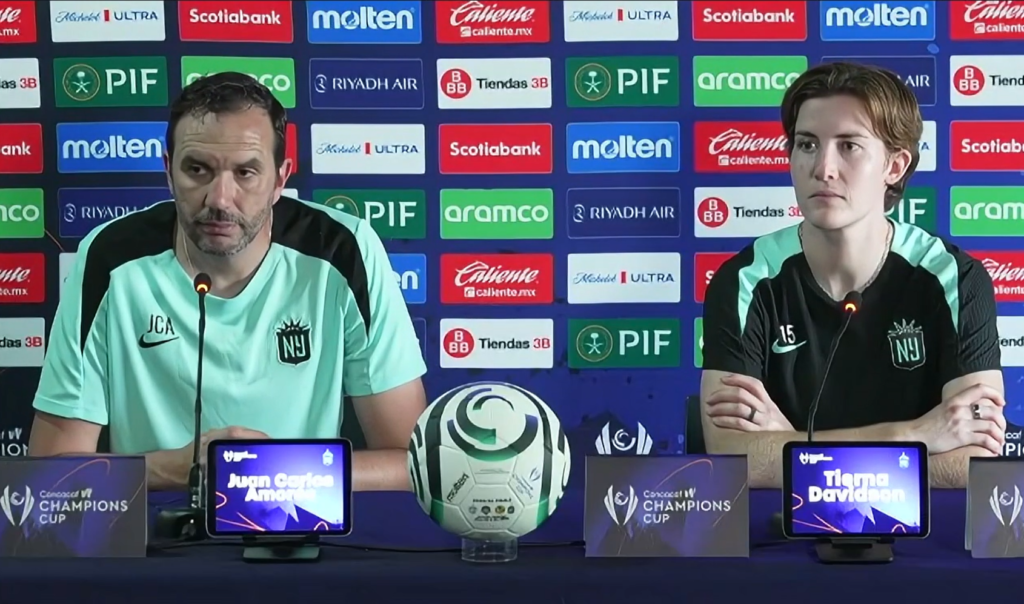 Gotham FC head coach Juan Carlos Amorós and captain Tierna Davidson speak during a Concacaf W Champions Cup press conference.