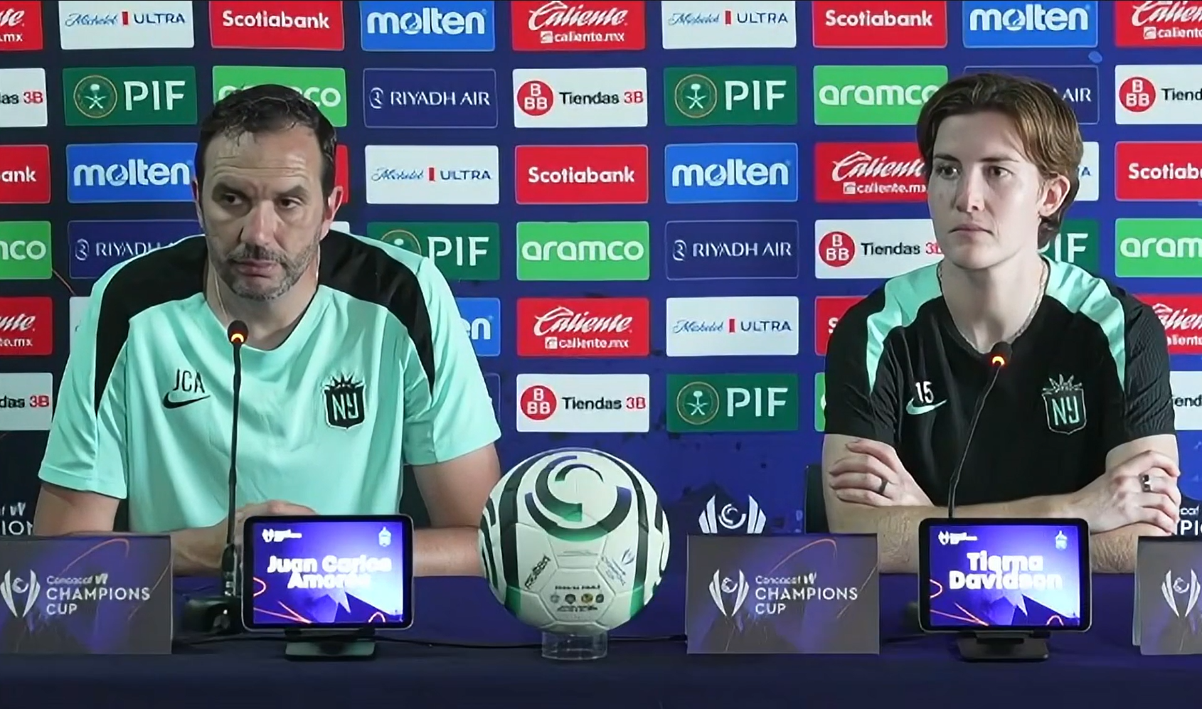 Gotham FC head coach Juan Carlos Amorós and captain Tierna Davidson speak during a Concacaf W Champions Cup press conference.