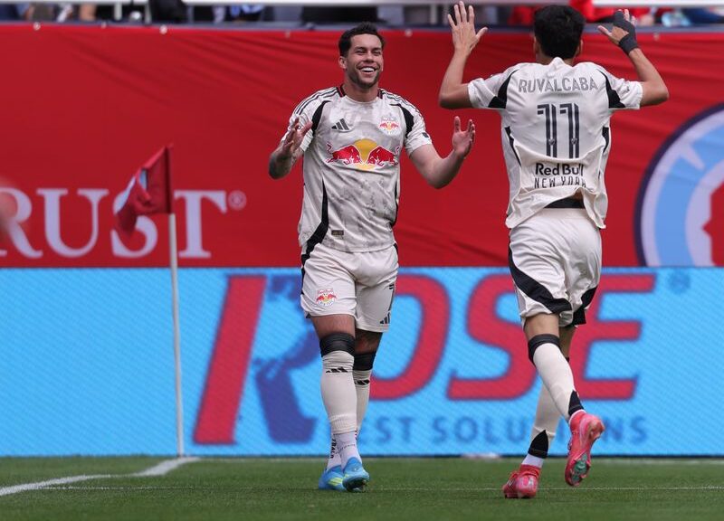 Red Bull New York teammates Cade Cowell and Jorge Ruvalcaba celebrate together.