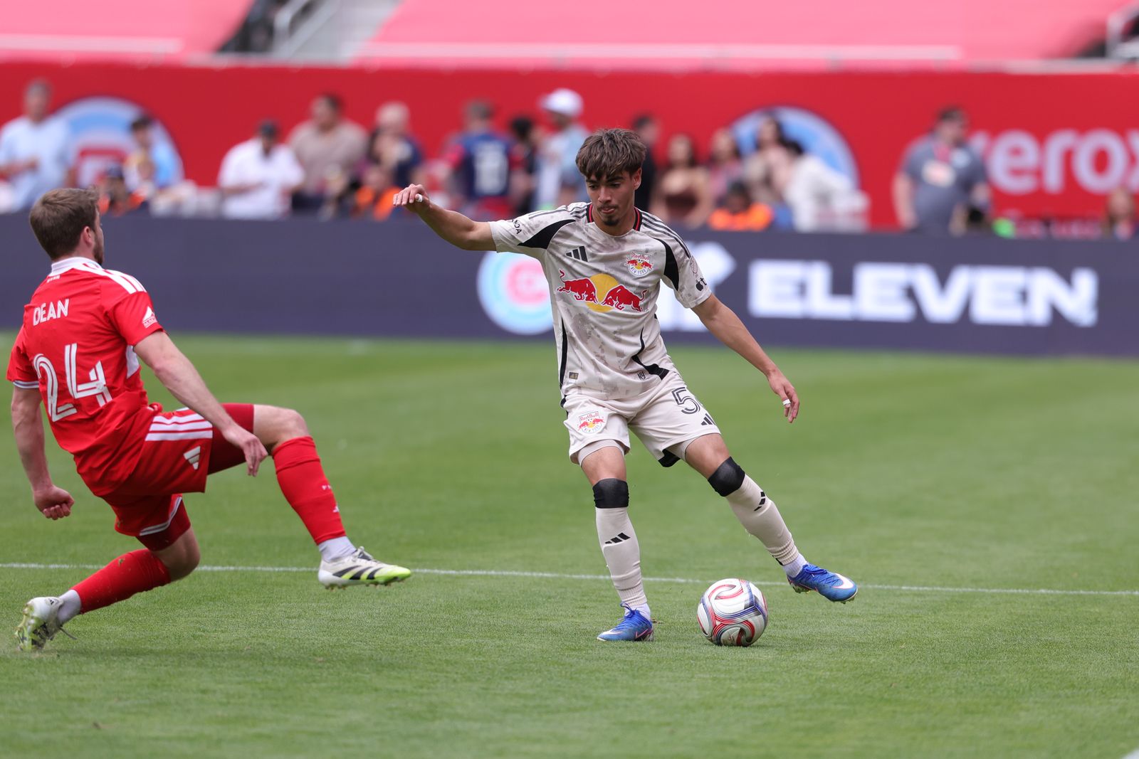 Red Bull New York defender Matthew Dos Santos performs a dribble.