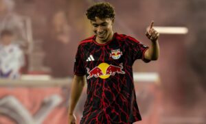 Red Bull New York forward Julian Hall celebrates his goal.