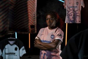 Gotham FC defender Mandy Freeman poses in the club's "Lady Liberty" third kit.