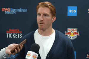 Red Bull New York defender Tim Parker speaks to the press.