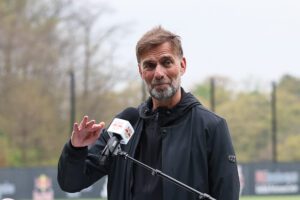 Head of Global Soccer for Red Bull GmbH, Jurgen Klopp, speaks onstage during an event for the opening of the RWJBarnabas Health Red Bulls Performance Center.