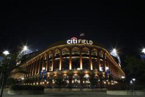 A view of the exterior of Citi Field at night.