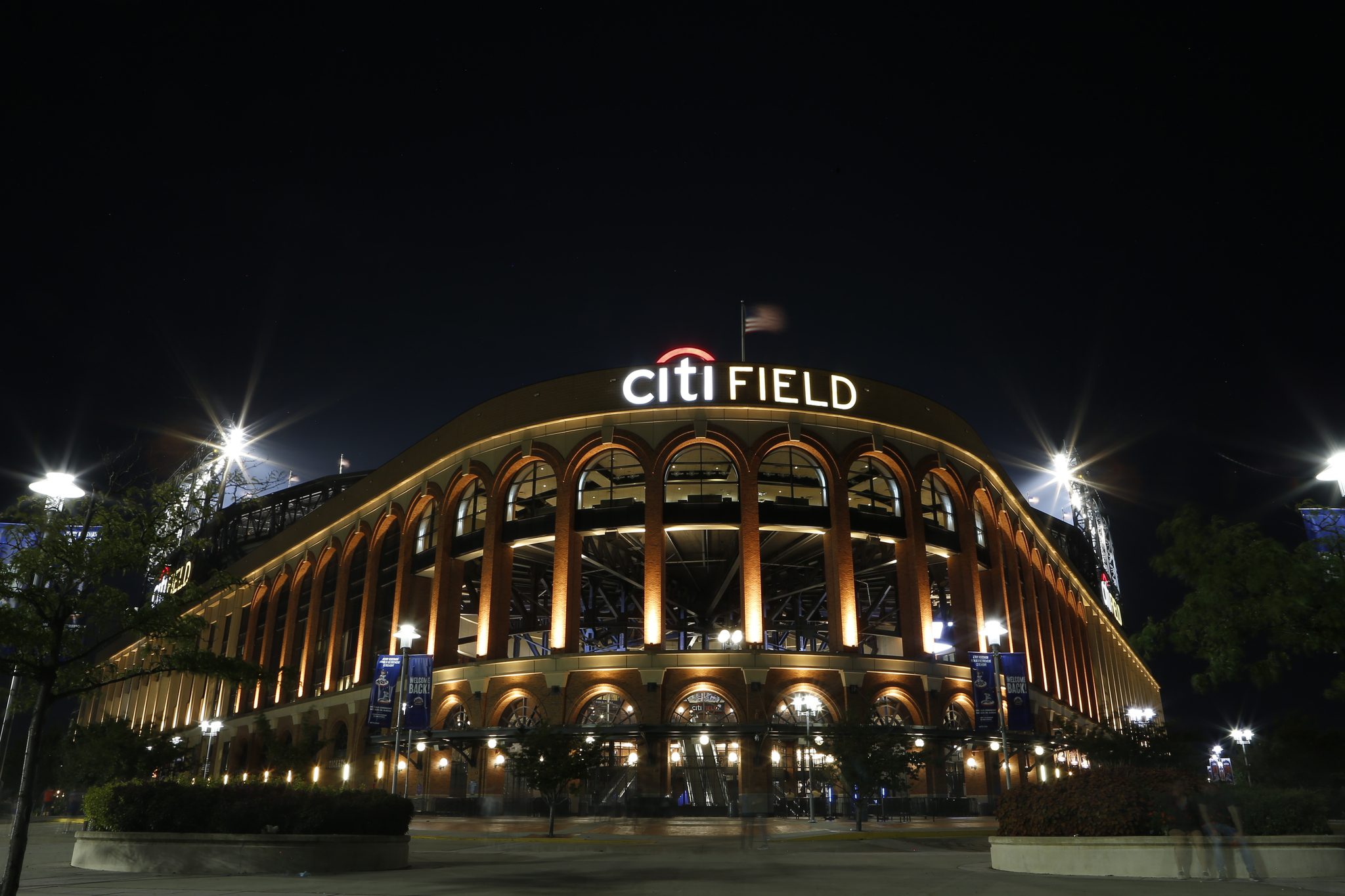A view of the exterior of Citi Field at night.