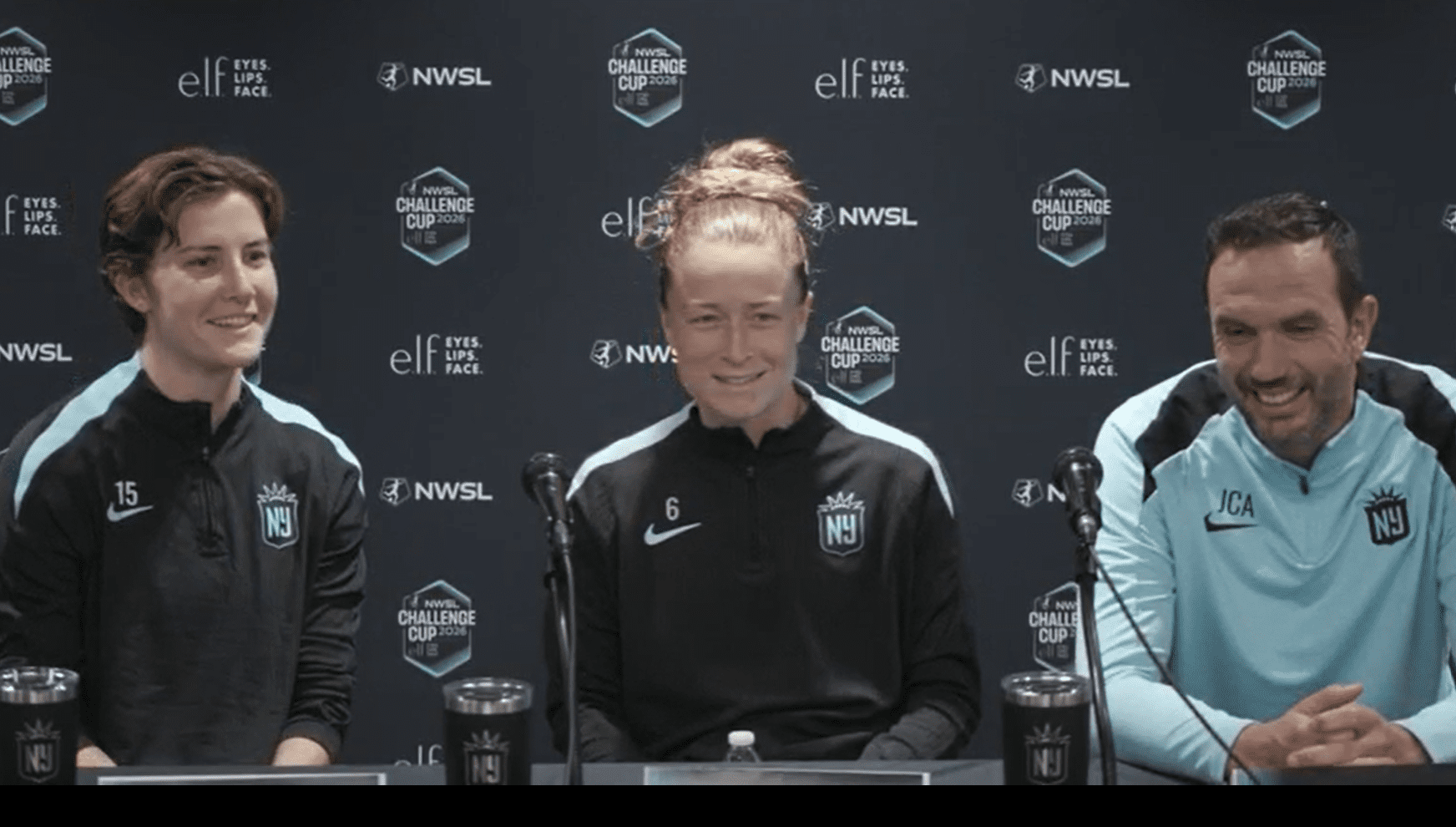 Tierna Davidson, Emily Sonnett and Juan Carlos Amorós of Gotham FC speak during a press conference. (Photo courtesy of NWSL/Gotham FC)