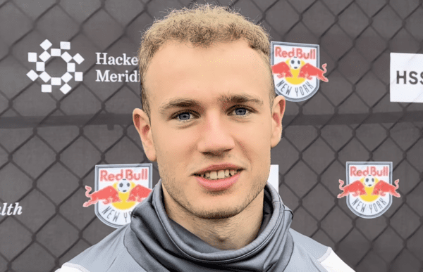 Red Bull New York winger Dennis Gjengaar speaks to reporters.