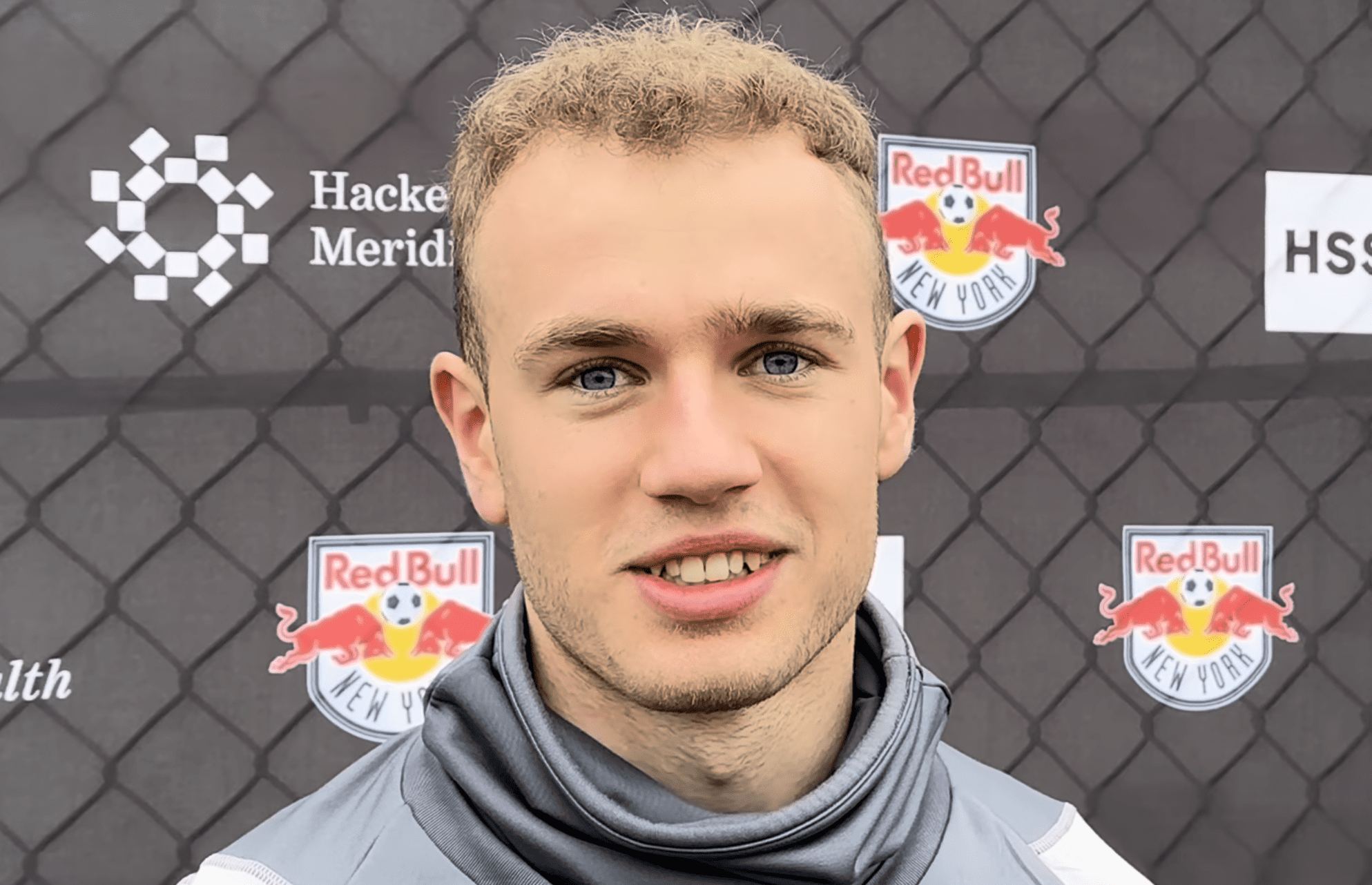 Red Bull New York winger Dennis Gjengaar speaks to reporters.