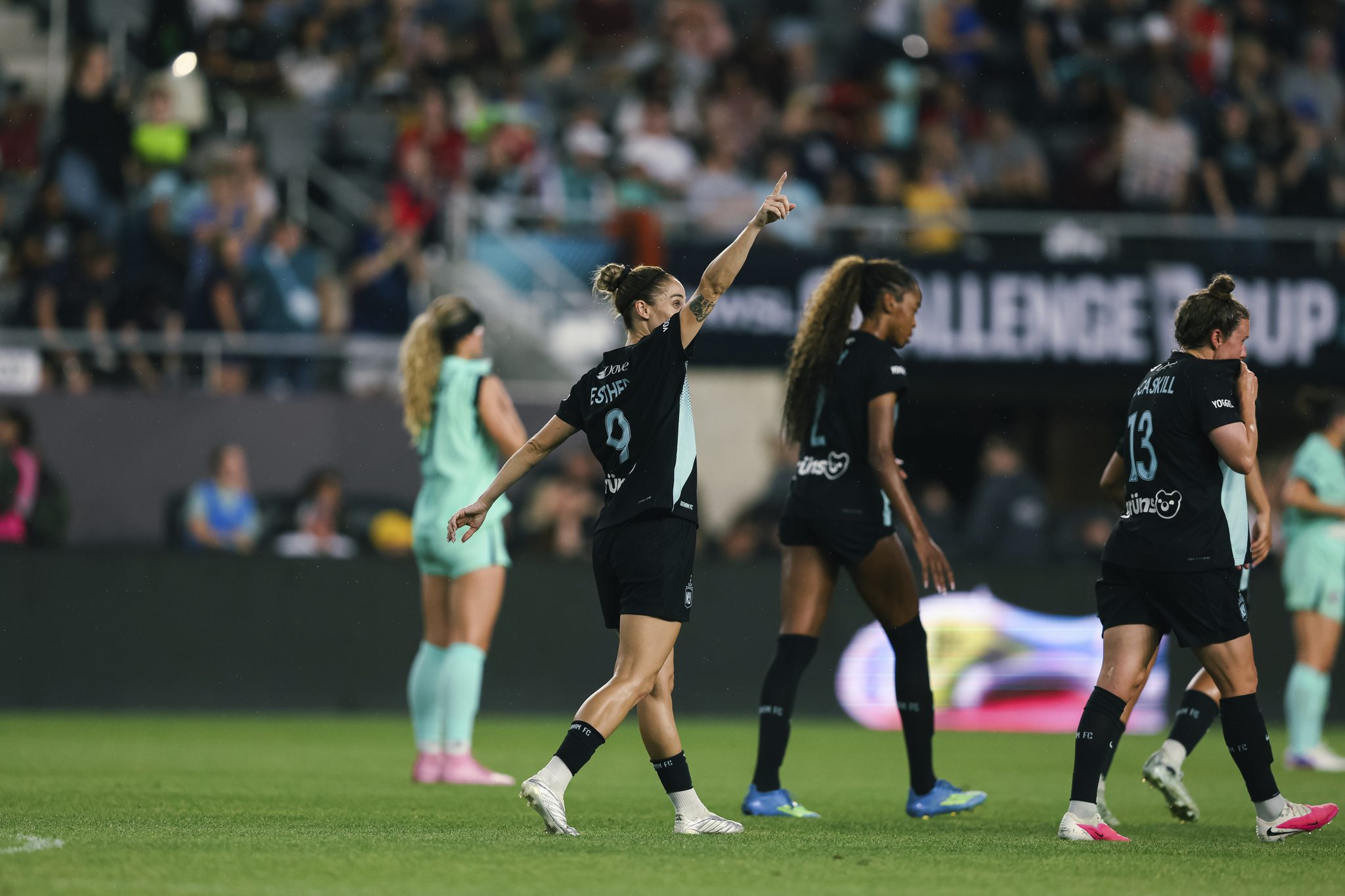 Esther celebrates her goal for Gotham FC.