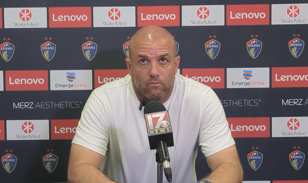 Sean Nahas speaks during a North Carolina Courage press conference.