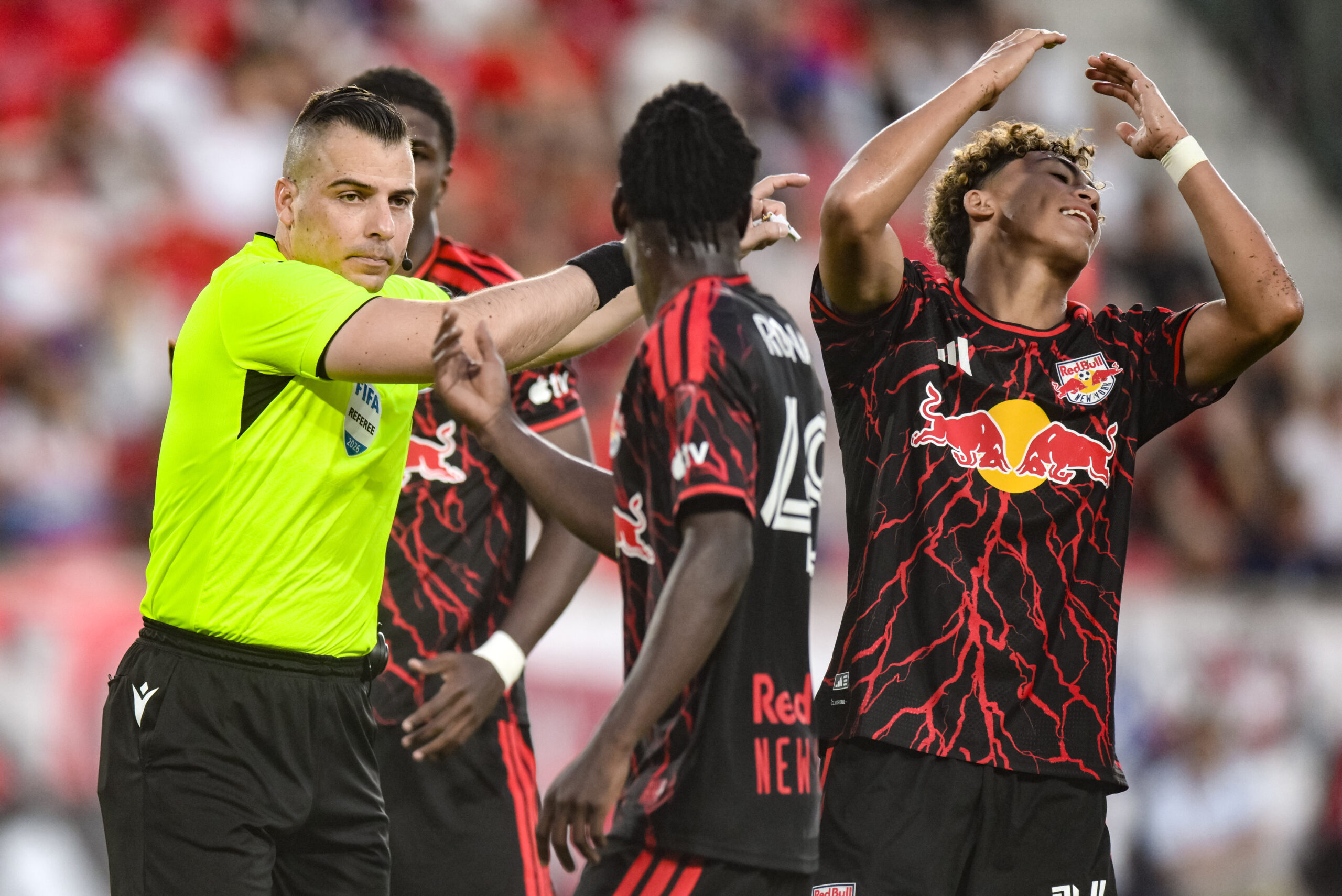Red Bull New York forward Julian Hall reacts to a call by the referee during the second half against Charlotte FC at Sports Illustrated Stadium.