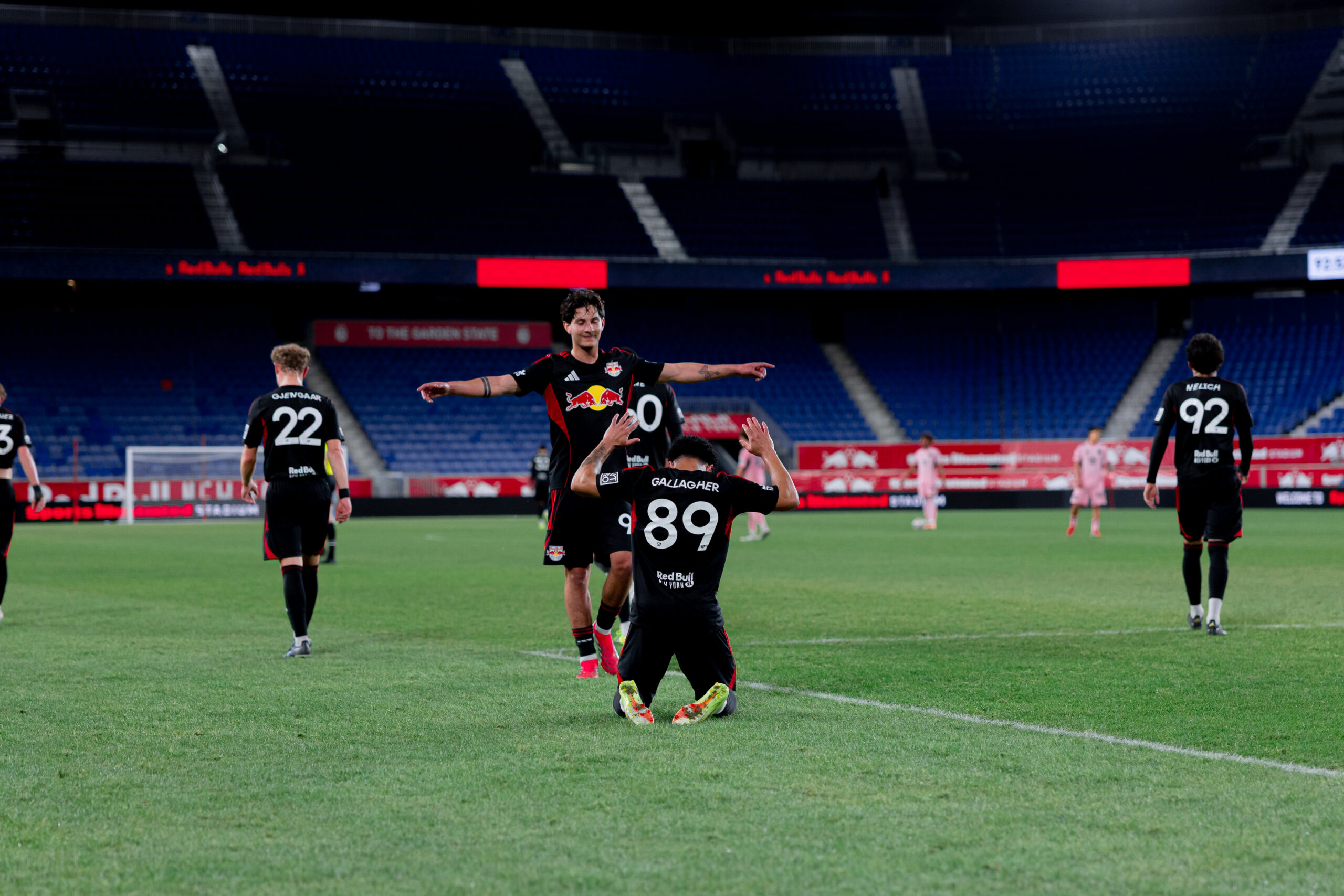 Red Bull New York II forward Christian Gallagher celebrates with teammates. (Photo courtesy of Red Bull New York)