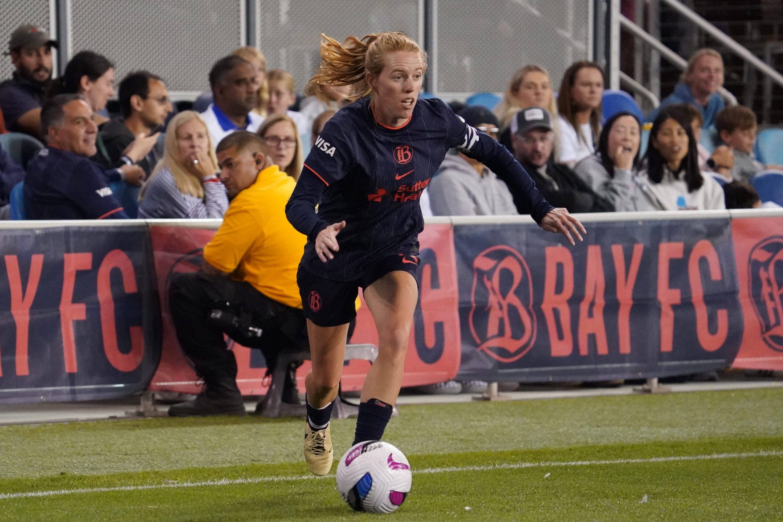 Bay FC midfielder Tess Boade dribbles toward the goal against the Utah Royals in the second half at PayPal Park.