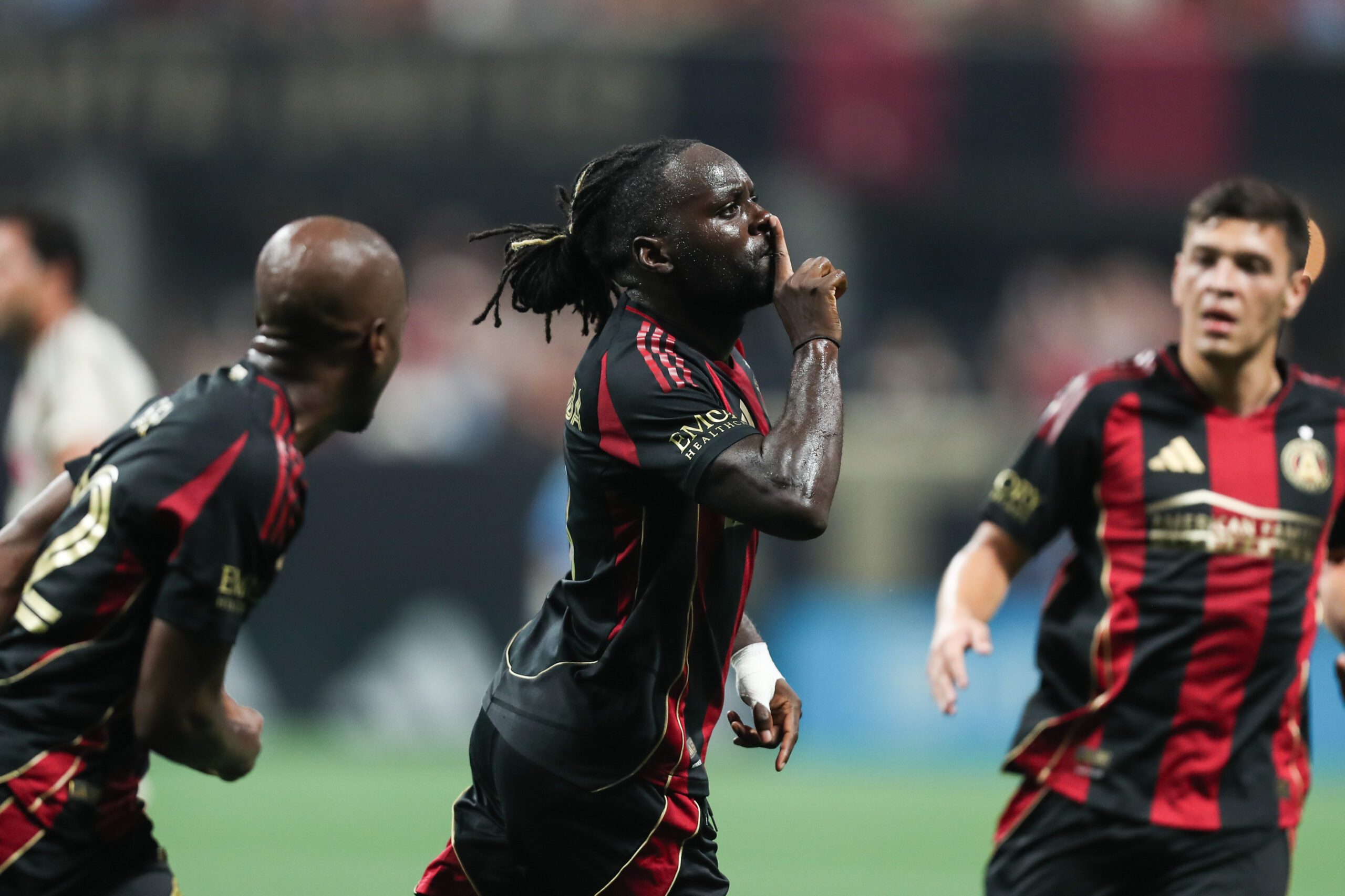 Atlanta United midfield Tristan Muyumba reacts after scoring a goal against Red Bull New York in the second half at Mercedes-Benz Stadium.