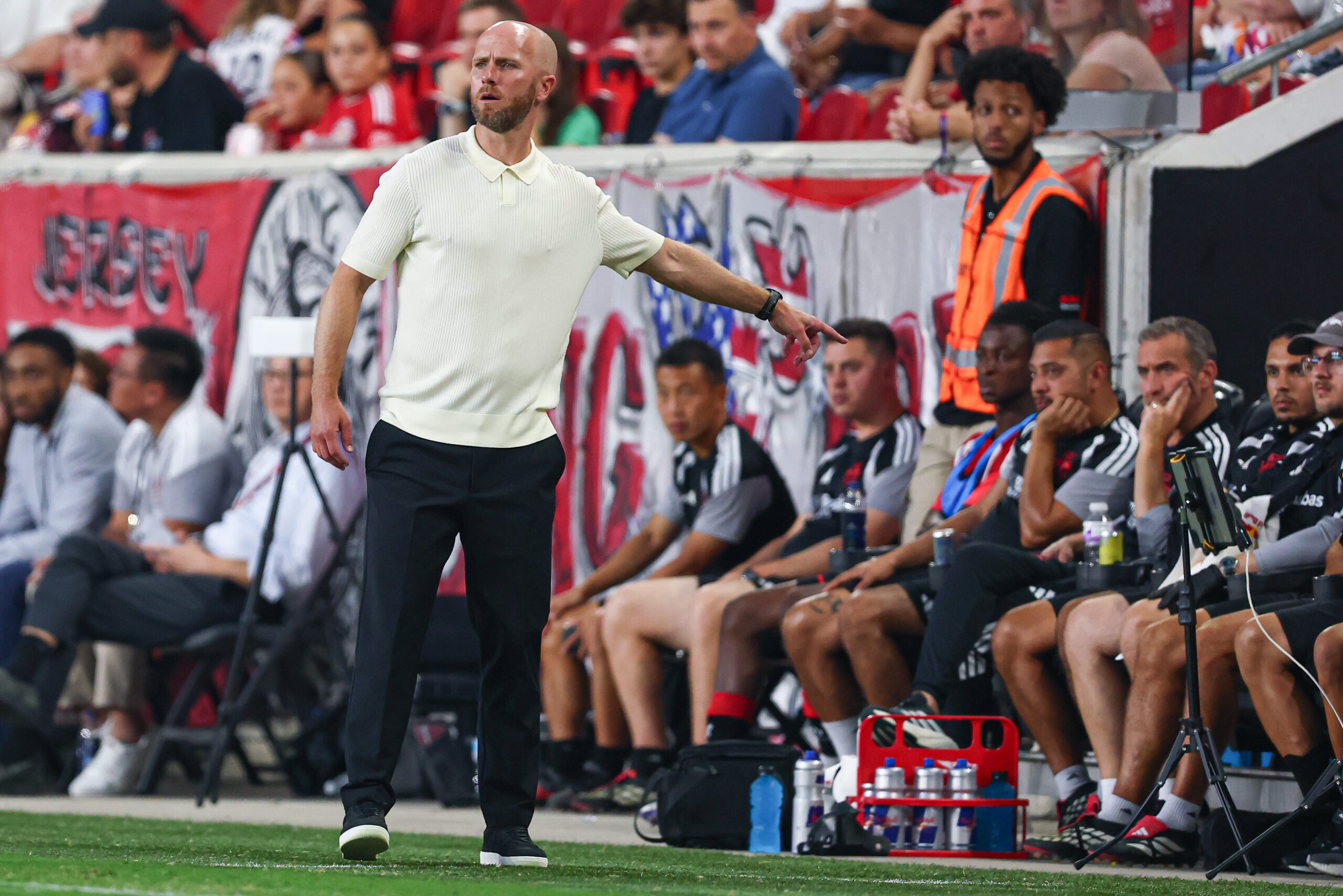 Red Bull New York head coach Michael Bradley reacts during the first half against the Nashville SC at Sports Illustrated Stadium.