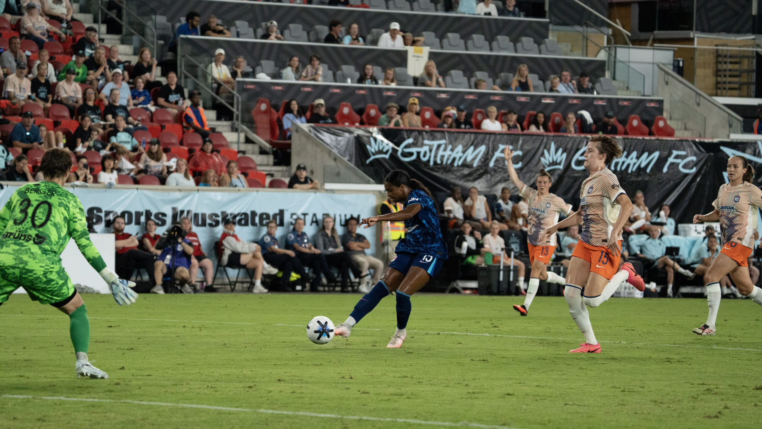Ann-Katrin Berger defends Gotham FC's goal.