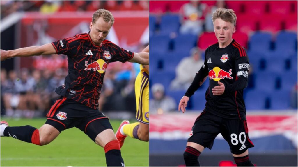 Red Bull New York midfielders Gustav Berggren and Nate Worth.