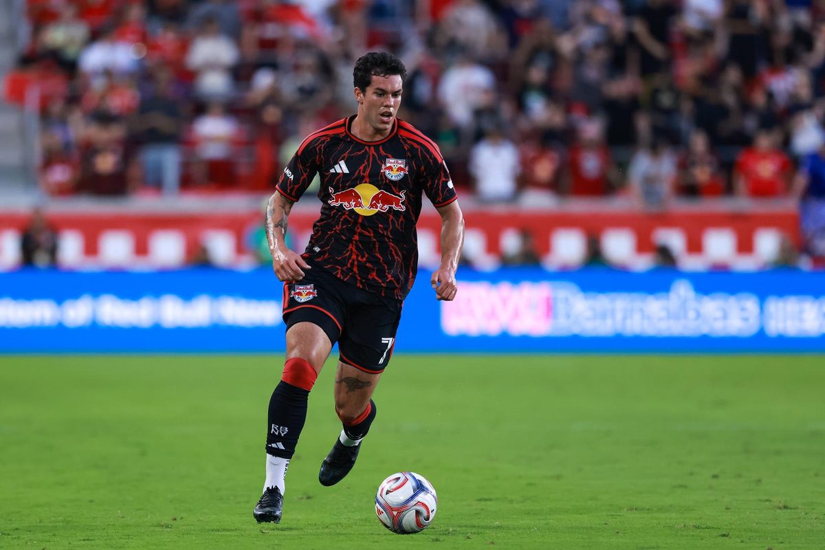Red Bull New York forward Cade Cowell performs a dribble.