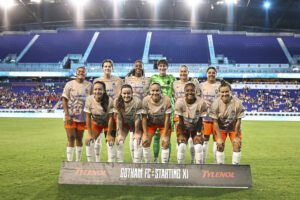 Gotham FC players gather before their home match at Sports Illustrated Stadium.